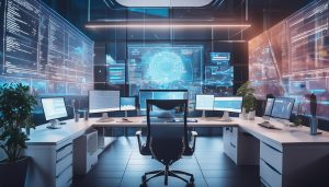 Firefly A high-resolution image depicting a futuristic workspace with multiple screens displaying